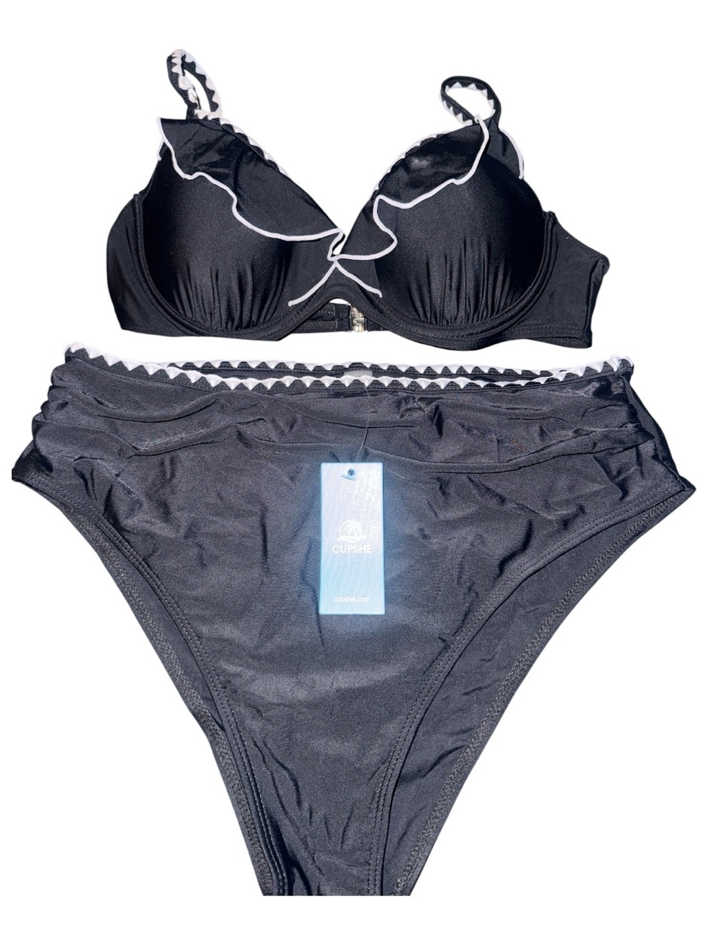 Cupshe Black Bikini Set with White Ruffle Trim - Picture 1 of 5